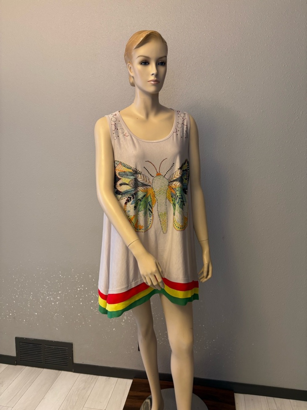 Sleeveless Butterfly Graphic Tank Dress in Light Pink with Rainbow Hem